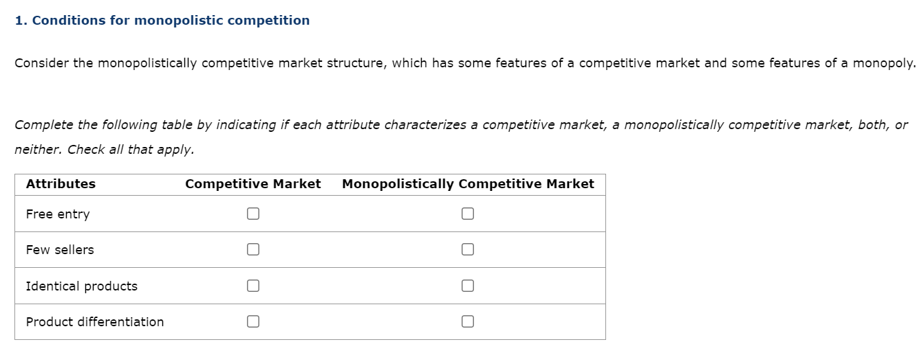 Solved 1. Conditions For Monopolistic Competition Consider | Chegg.com