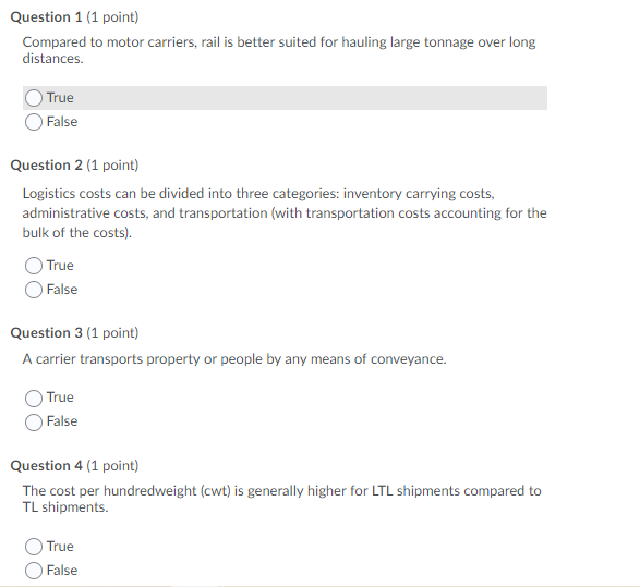 Solved Question 1 (1 point) Compared to motor carriers, rail | Chegg.com