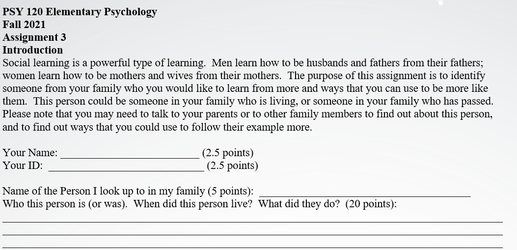 Solved a PSY 120 Elementary Psychology Fall 2021 Assignment | Chegg.com