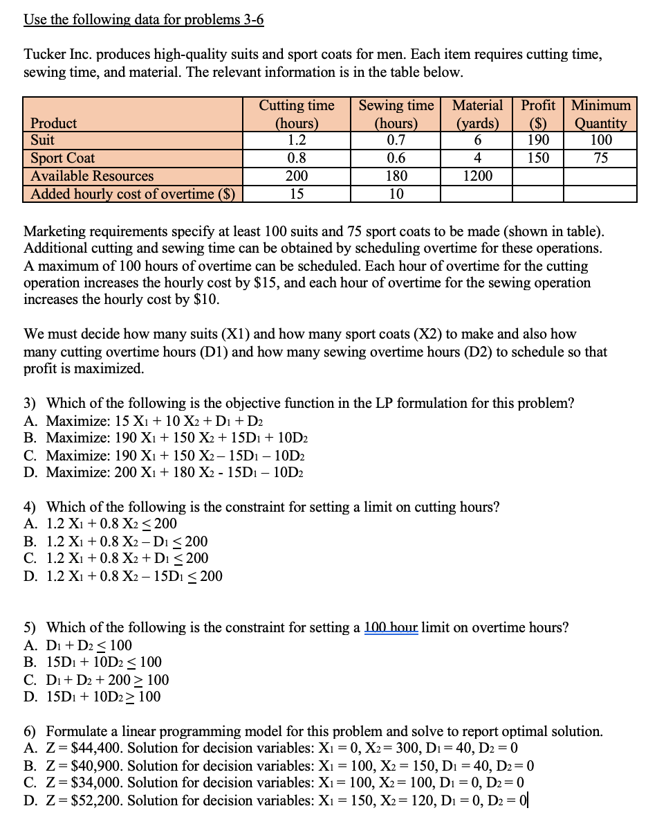 Solved Use the following data for problems 3-6 Tucker Inc. | Chegg.com