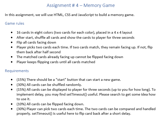 Assignment #4 - Memory Game In this assignment, we | Chegg.com