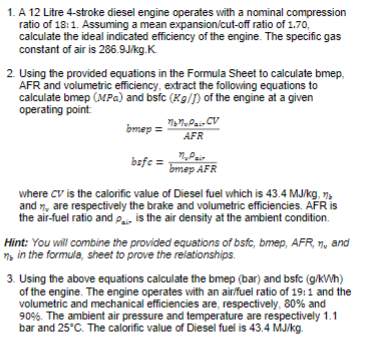 Solved 1. A 12 Litre 4-stroke diesel engine operates with a | Chegg.com