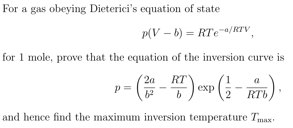 Solved For a gas obeying Dieterici's equation of state for 1 | Chegg.com