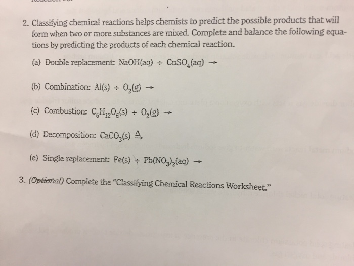 Classifying Chemical Reactions Worksheet Answer Key Pdf