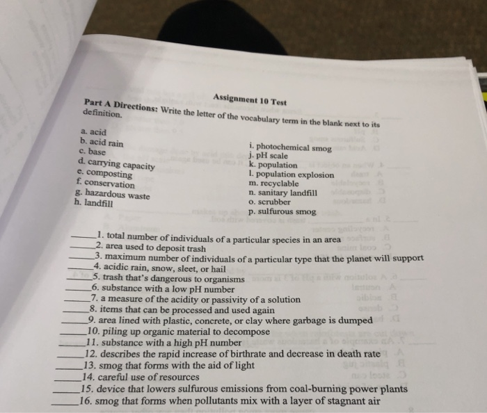 Solved Assignment 10 Test Part A Directions: Write the | Chegg.com
