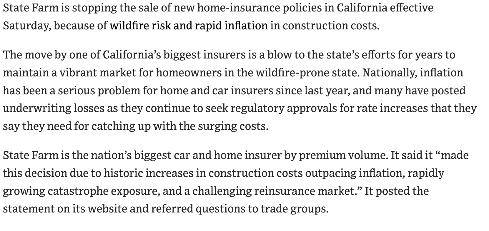 State Farm ceasing new applications in California for property insurance,  other policies