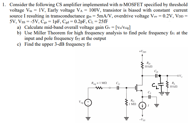 Solved 1. Consider the following CS amplifier implemented | Chegg.com