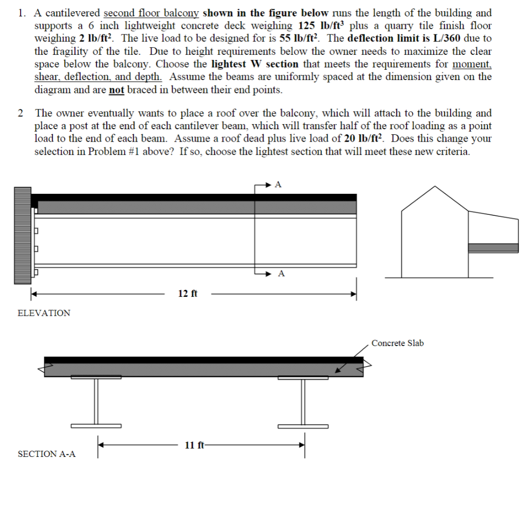 Solved 1. A cantilevered second floor balcony shown in the | Chegg.com