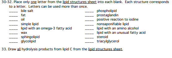 Solved 30-32. Place only one letter from the lipid | Chegg.com