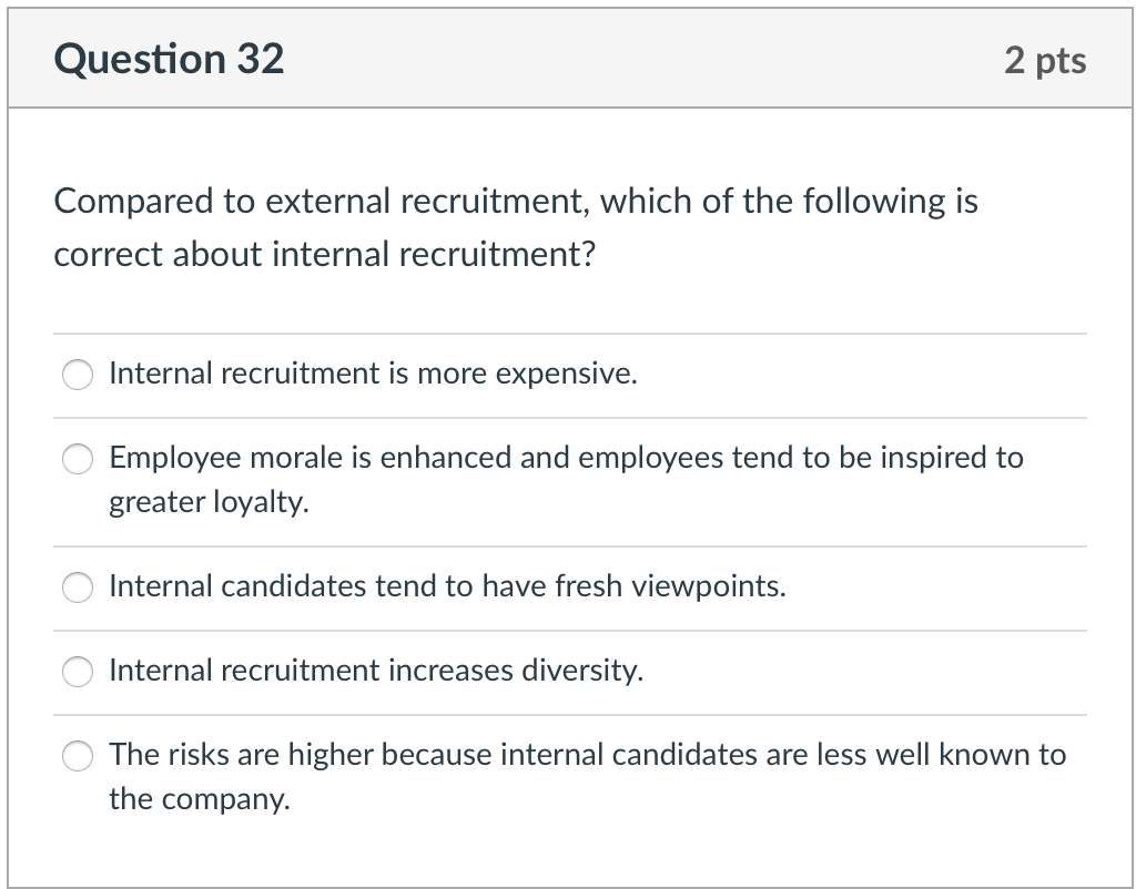 Solved Question 32 2 pts Compared to external recruitment, | Chegg.com