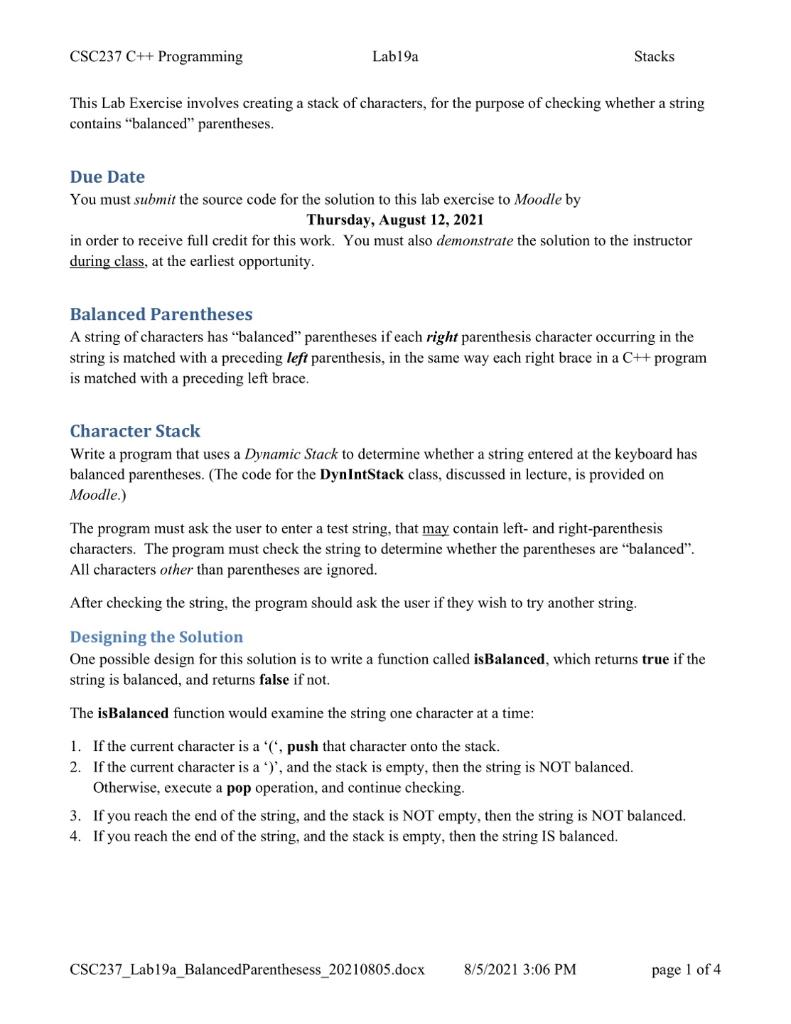 Solved CSC237 C++ Programming Lab19a Stacks This Lab | Chegg.com