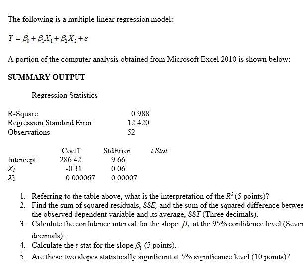 Solved The Following Is A Multiple Linear Regression Model: | Chegg.com