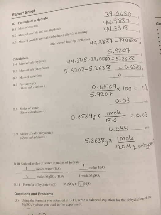 Solved Report Sheet 39.6680 B. Formula Of A Hydrate B.I Mass | Chegg.com