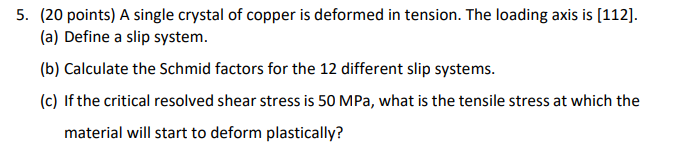 Solved 5. (20 points) A single crystal of copper is deformed | Chegg.com