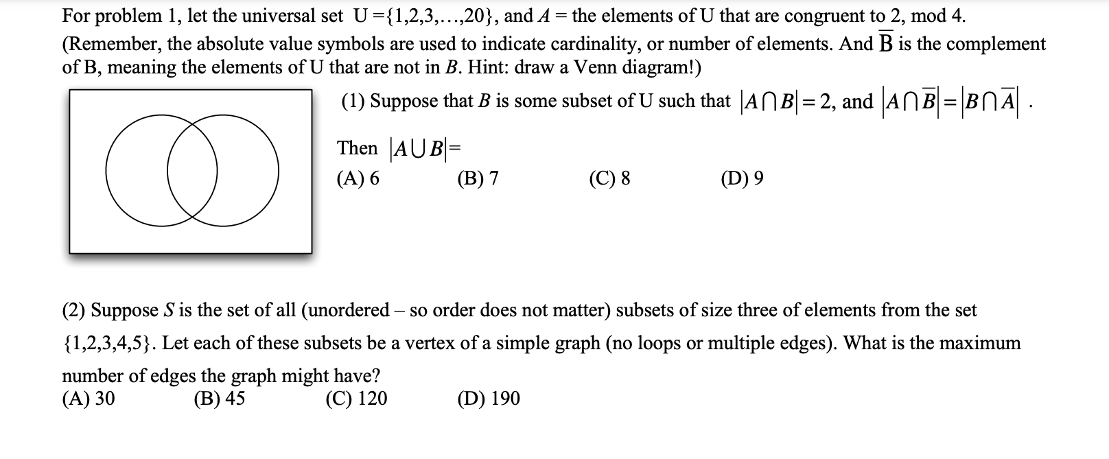 Solved For problem 1 , let the universal set U={1,2,3,…,20}, | Chegg.com