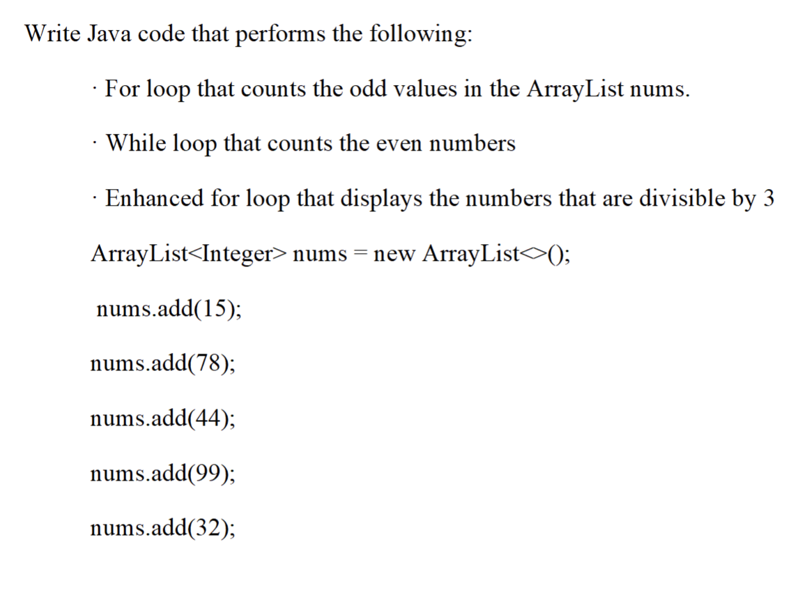Solved Write Java code that performs the following: · For | Chegg.com