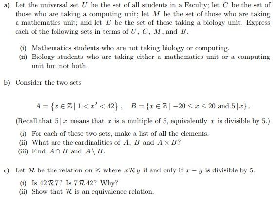 Solved a) Let the universal set U be the set of all students | Chegg.com