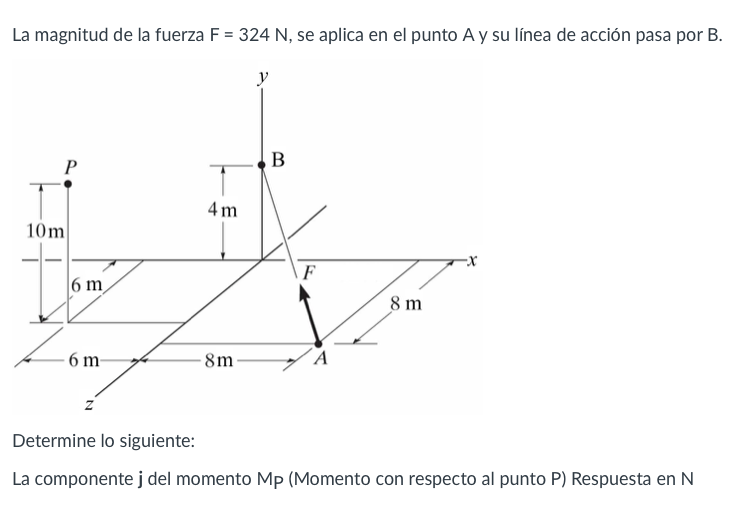 La magnitud de la fuerza F = 324 N, se aplica en el punto A y su línea de acción pasa por B. Determine lo siguiente: La compo