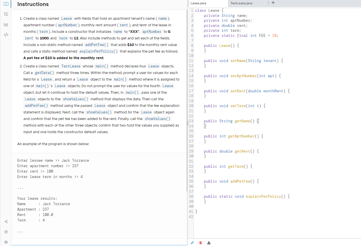 Solved IT Instructions Lease.java TestLease.java 1. Create a | Chegg.com