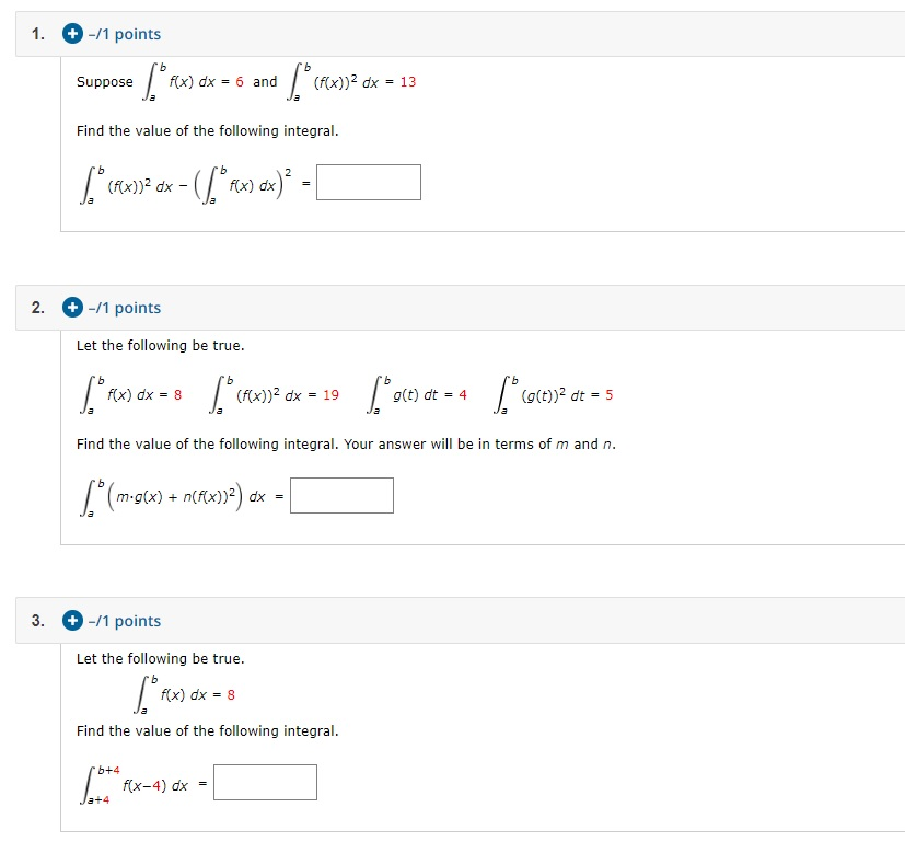Solved 1. + -/1 points Suppose [* ) dx = 6 and [®cru)? dx = | Chegg.com
