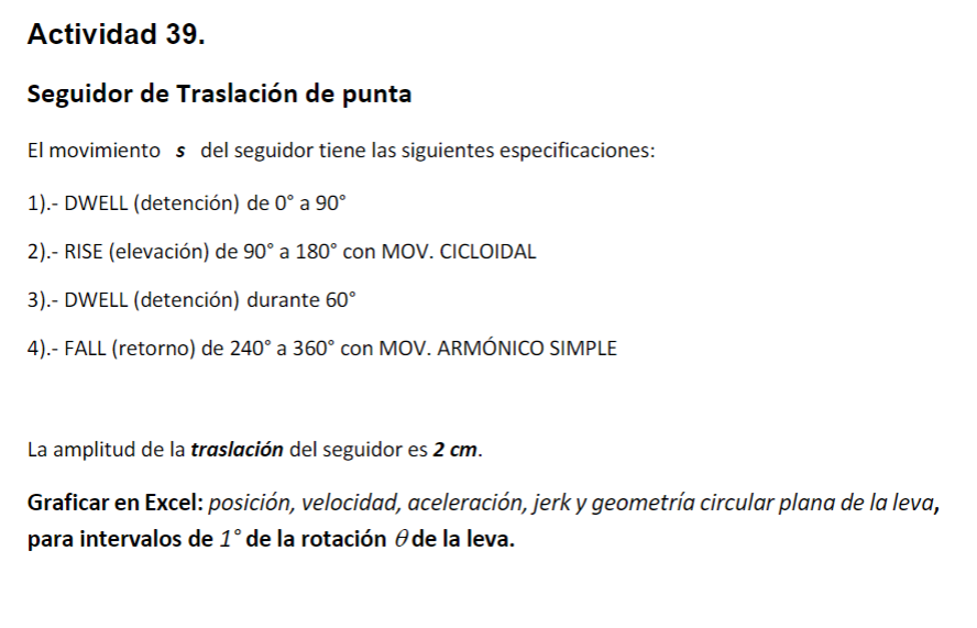 Seguidor de Traslación de punta El movimiento \( s \) del seguidor tiene las siguientes especificaciones: 1).- DWELL (detenci