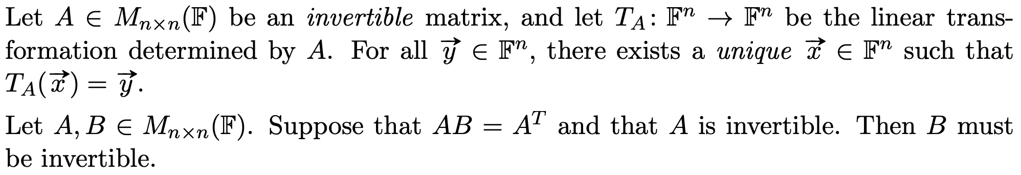 Solved Let TA:Fn→Fn be the linear transformation determined | Chegg.com ...