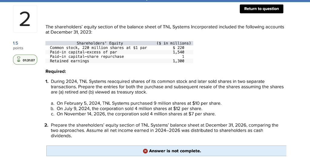 Solved The Shareholders' Equity Section Of The Balance Sheet | Chegg.com