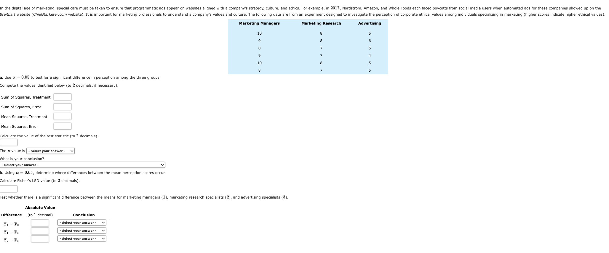 Solved a. Use α=0.05 to test for a significant difference in | Chegg.com
