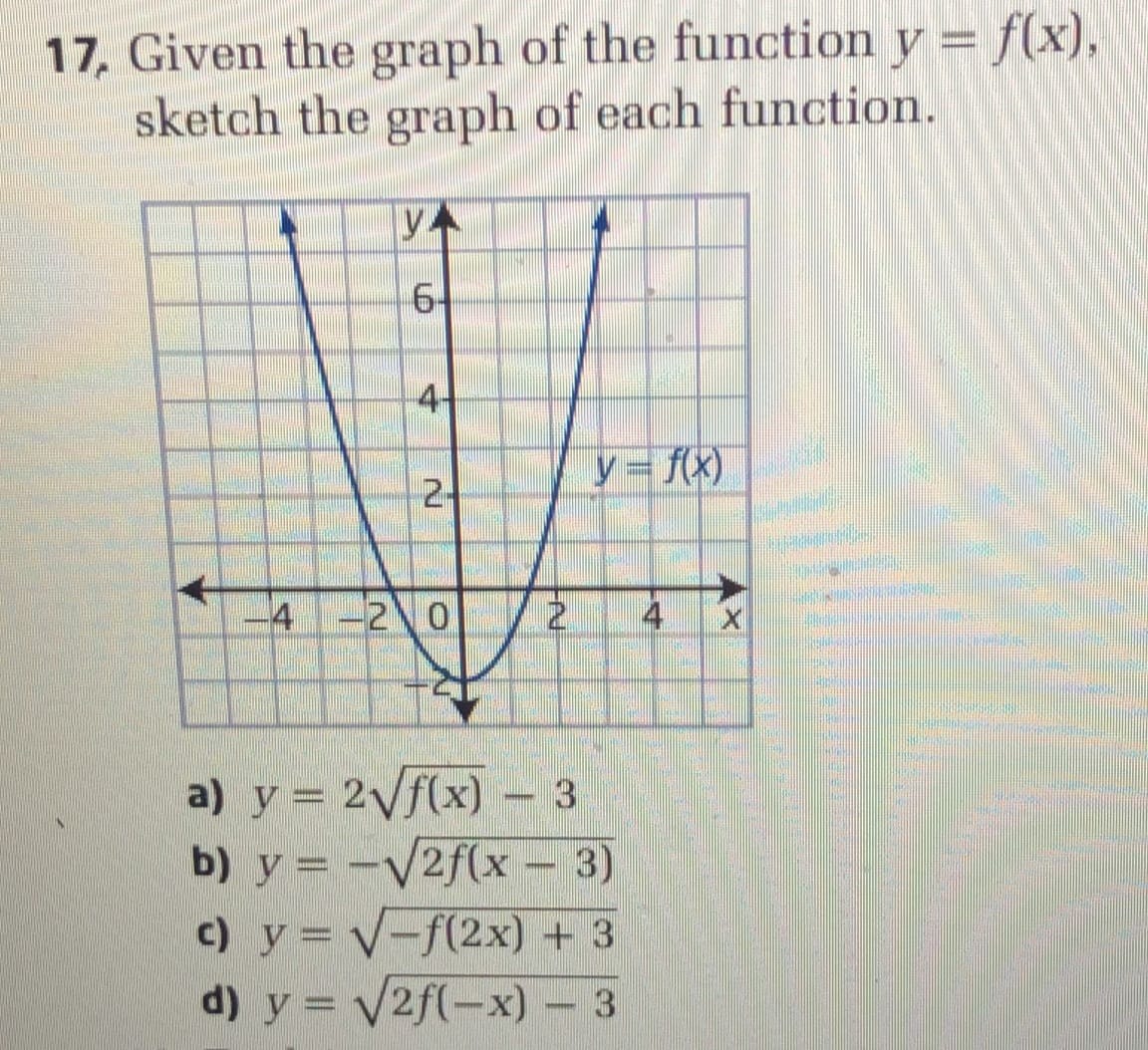 17. Given the graph of the function \( y=f(x) \), sketch the graph of each function. a) \( y=2 \sqrt{f(x)}-3 \) b) \( y=-\sqr