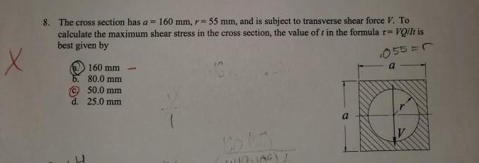 Solved 8. The cross section has a = 160 mm, r = 55 mm, and | Chegg.com