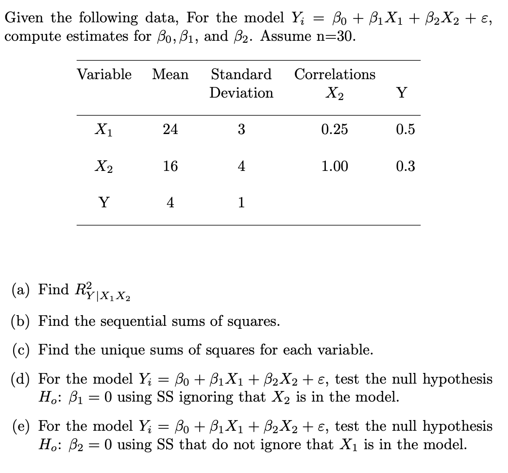 = Given the following data, For the model Yį Bo + | Chegg.com