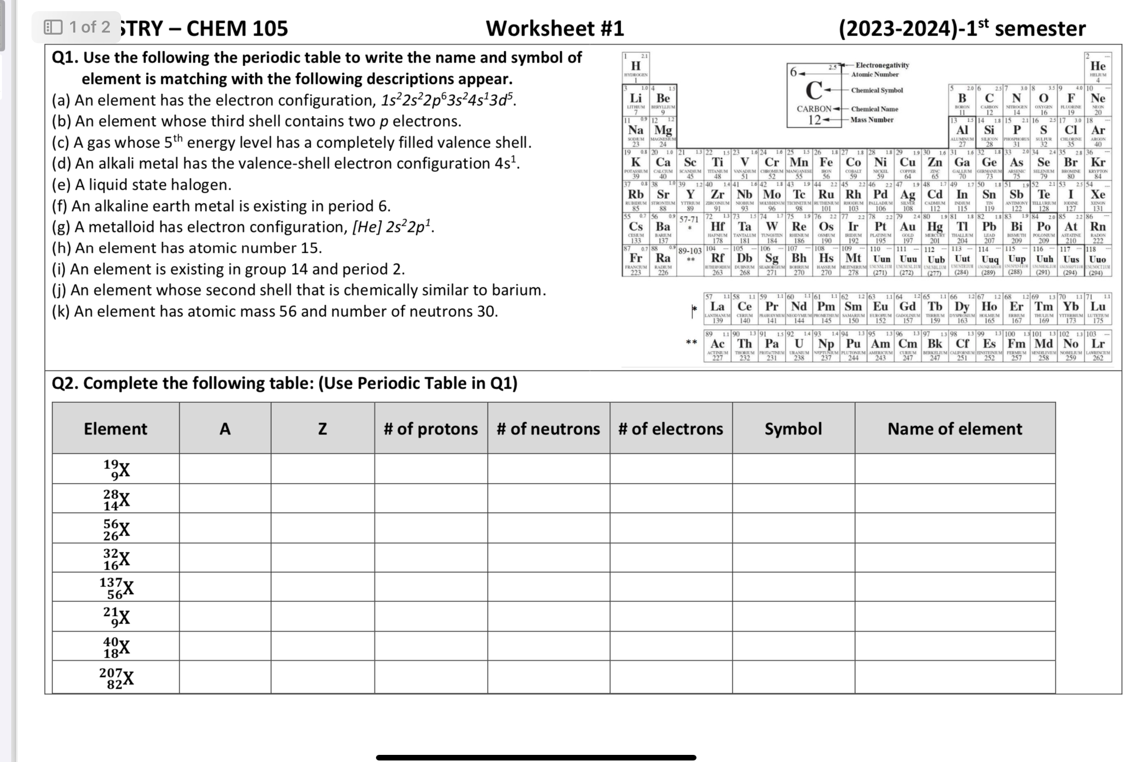 Solved 1 of 2 ;TRY - CHEM 105 Worksheet \#1 (2023−2024)−1st | Chegg.com