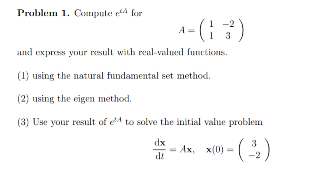 Solved Problem 1. Compute et A for A = (1 3) and express | Chegg.com