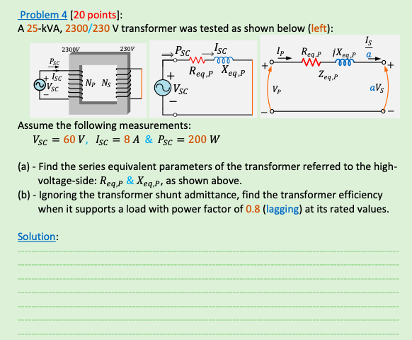 Solved Is Problem 4 [20 points]: A 25-KVA, 2300/230 V | Chegg.com