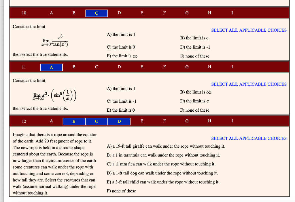 Solved 10 A B с D EF G H I Consider the limit SELECT ALL | Chegg.com
