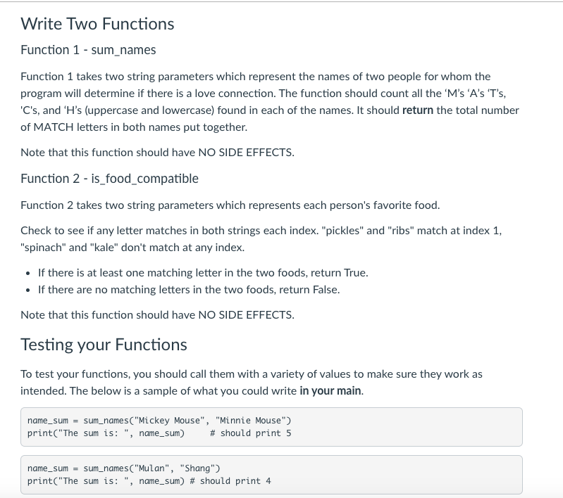 Solved Write Two Functions Function 1 - sum_names Function 1 | Chegg.com