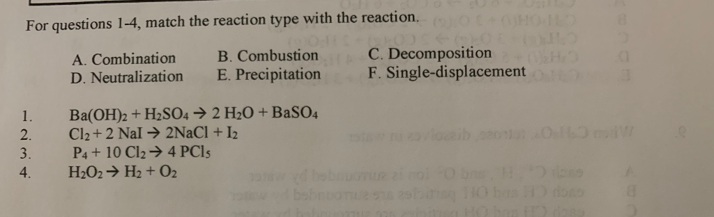 Solved For questions 1-4, match the reaction type with the | Chegg.com
