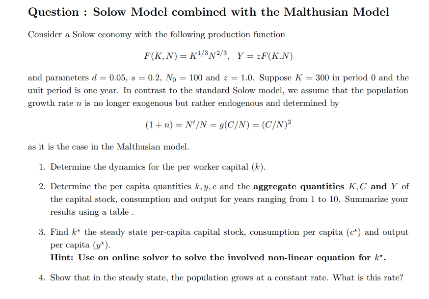 Question Solow Model Combined With The Malthusia Chegg Com