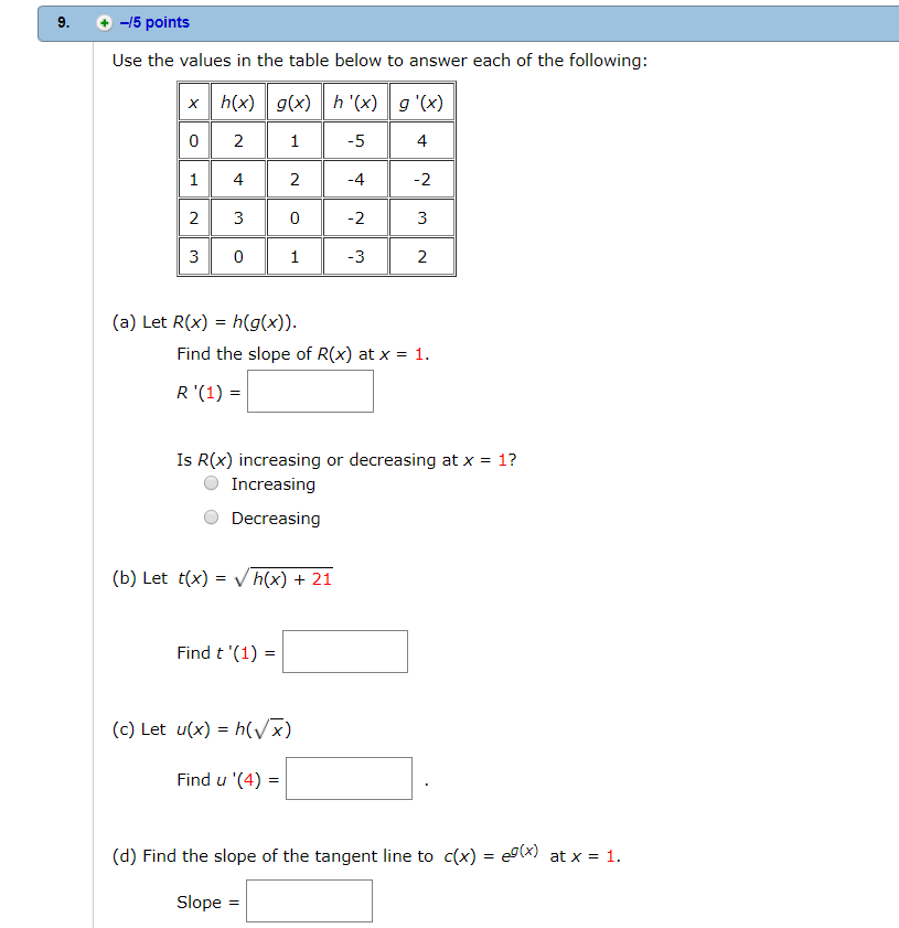Solved 9. -5 points Use the values in the table below to | Chegg.com