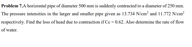 Solved Problem 7.A horizontal pipe of diameter 500 mm is | Chegg.com