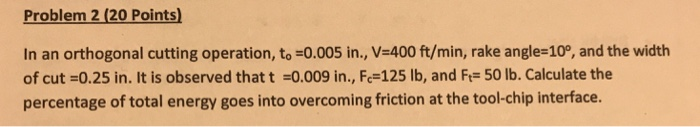 Solved Problem 2 (20 Points In an orthogonal cutting | Chegg.com