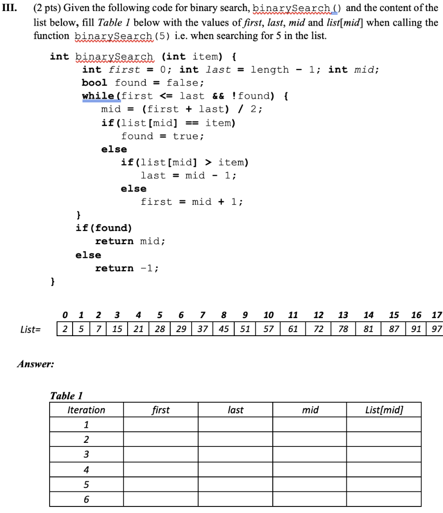 Solved III. (2 pts) Given the following code for binary | Chegg.com