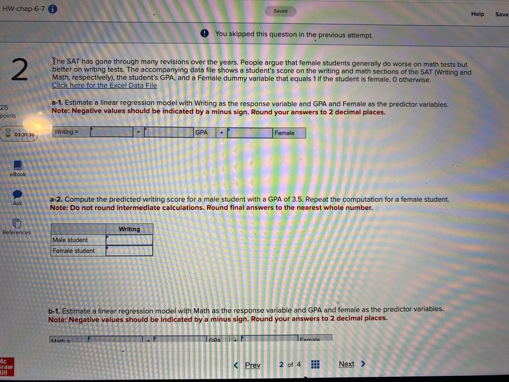 B Estimate A Linear Regression Model With Math As Chegg Com