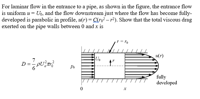 For laminar flow in the entrance to a pipe, as shown | Chegg.com