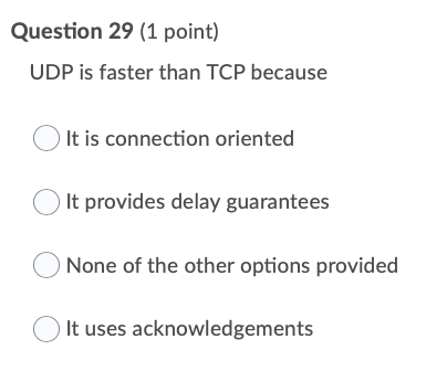 Solved Question 29 (1 point) UDP is faster than TCP because | Chegg.com