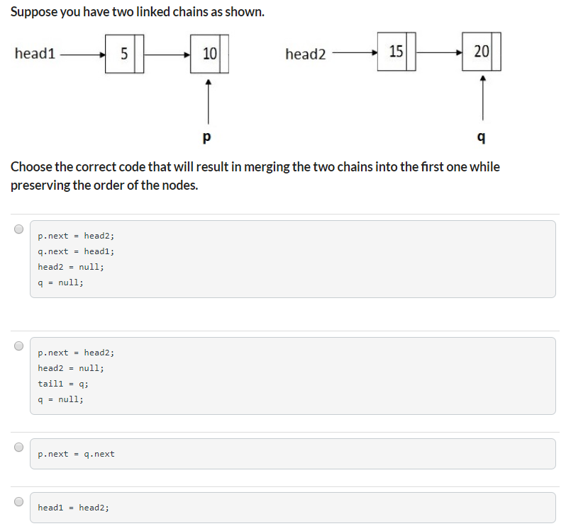 Solved Suppose you have two linked chains as shown. head1 | Chegg.com
