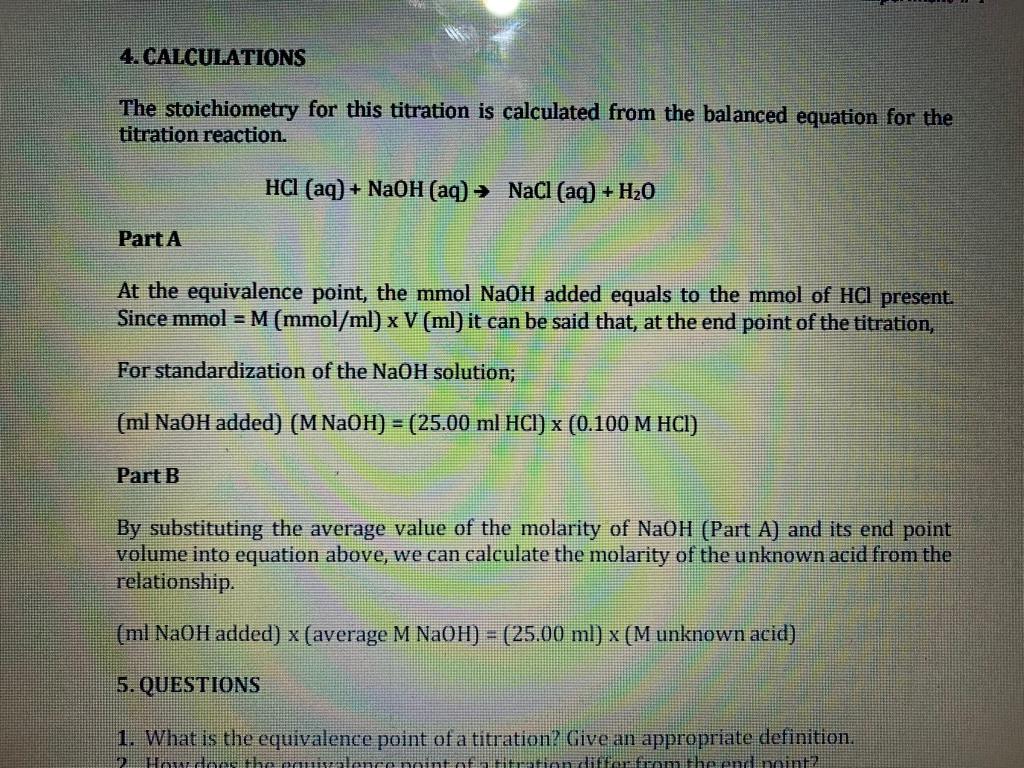 Solved 4. CALCULATIONS The stoichiometry for this titration