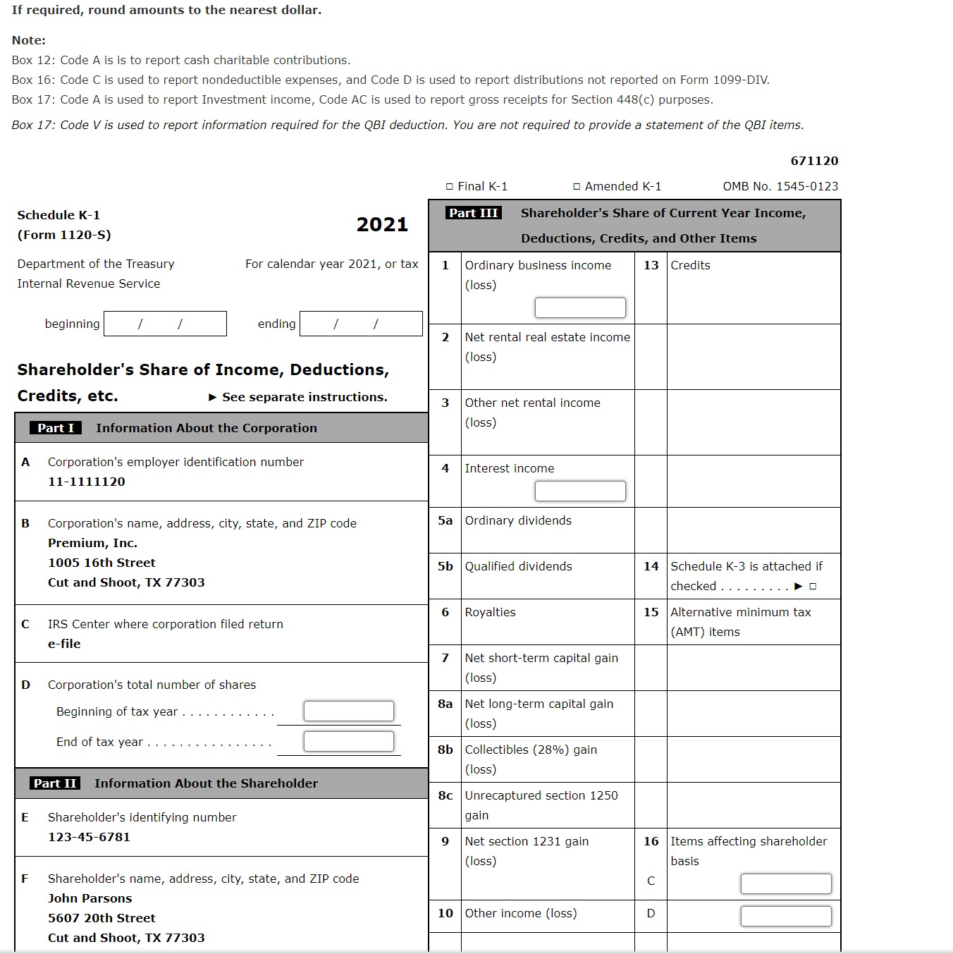 Solved 2021 Federal Statements Page 1 Premium, Inc. | Chegg.com