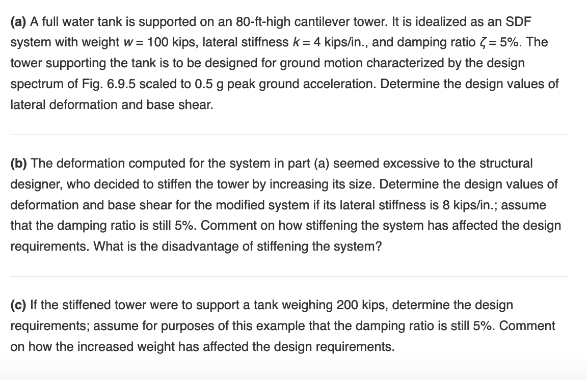 (a) A full water tank is supported on an 80-ft-high cantilever tower. It is idealized as an SDF system with weight w= 100 kip