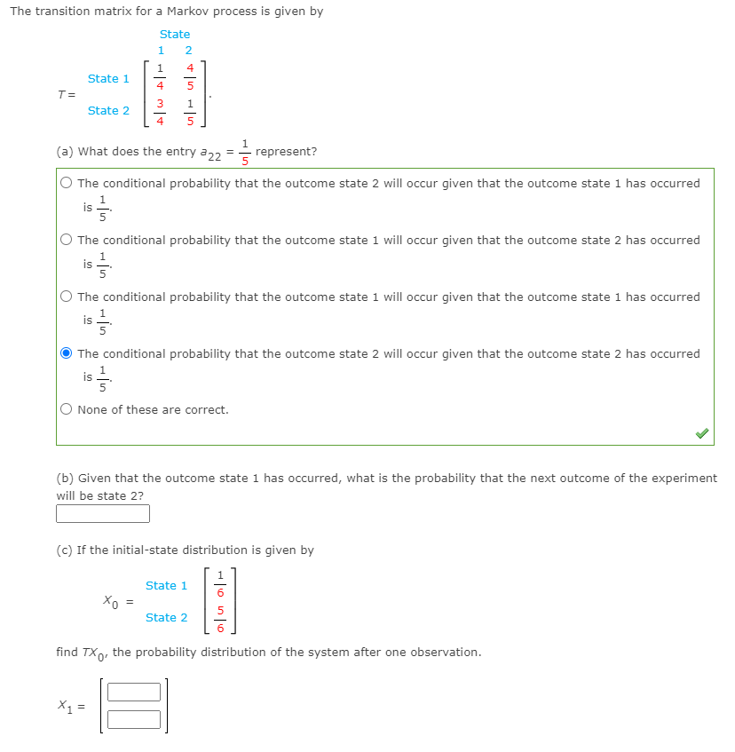 Solved The transition matrix for a Markov process is given | Chegg.com